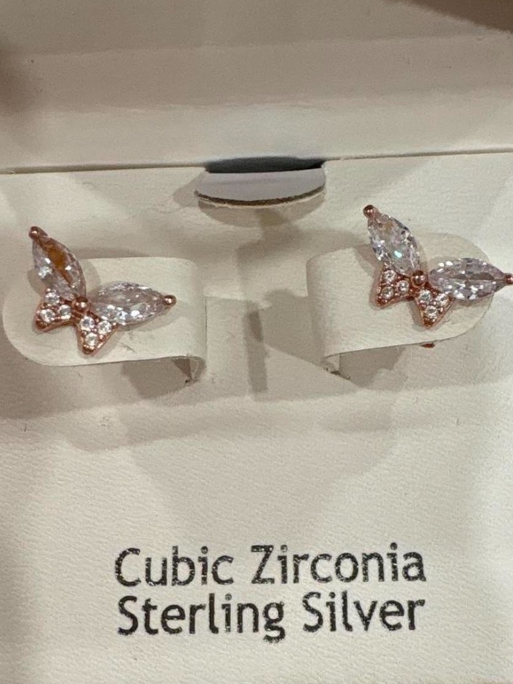 Sterling Silver Rose Gold Butterfly Cubic Zirconia Stud Earrings - Rose Gold